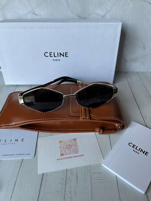 Óculos Celine Hexagonais Dourados Lente Preta Premium