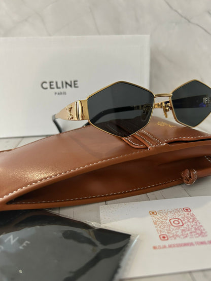 Óculos Celine Hexagonais Dourados Lente Verde Preta Premium