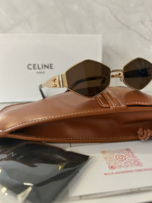 Óculos Celine Hexagonais Dourados Lente Castanha Premium